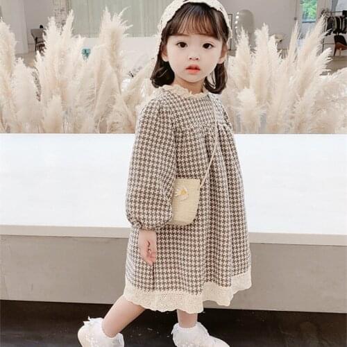 DFXD Girls Dress 2020 Autumn Long Sleeve Woolen Houndstooth Princess Dress Fashion Kids Costume Party Elegant Dress Vestido 1-7Y