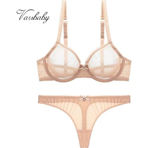 Varsbaby sexy unlined see-through lingerie thong yarn underwear breathable plus size CDE bra set