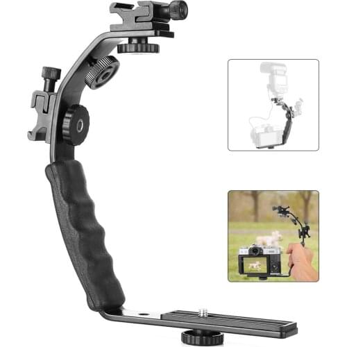 Camera L Bracket Mount Aluminum Alloy Video Grip L-Bracket Dual Flash Cold Shoe Mount With 2 Cold Shoe Mount Flash DV Holder