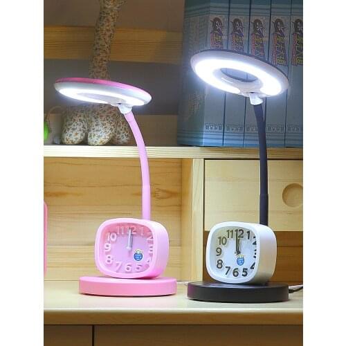 Cartoon alarm clock led desk lamp cute lovely eye protection children study reading lamp adjustable dimming led table lamp for g