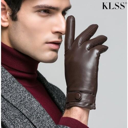 KLSS Brand Genuine Leather Men Gloves Autumn Winter Wrist Buckle Thermal High Quality Business Casual Goatskin Glove J62