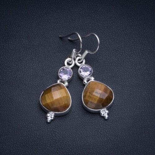 Natural Tiger Eye and Amethyst Boho Style 925 Sterling Silver Drop Earrings 1 1/2" R1934