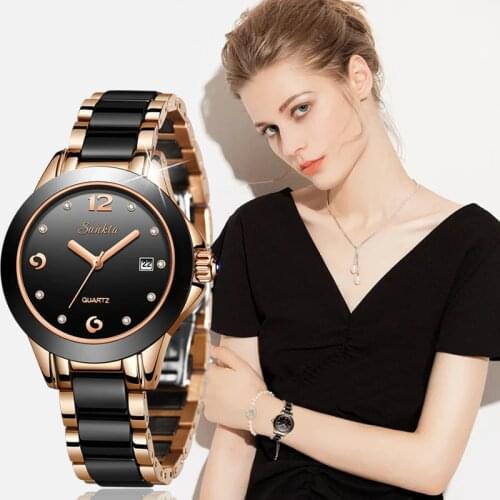 SUNKTA 2019 New Luxury Women Watches Rose gold Ceramic Diamond Ladies Female Watch Gift Quartz Wristwatch Clock Montre Femme