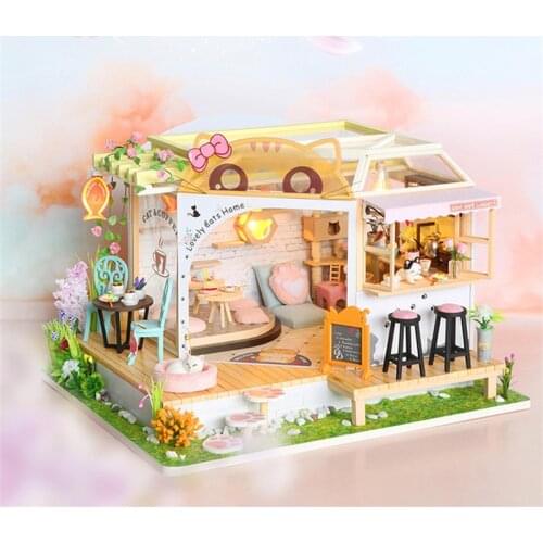 New Cartoon Wooden Doll House DIY Assemble Leisure Cat Cafe Garden Miniature Doll House Kits Toy Home Dollhouse With Furniture