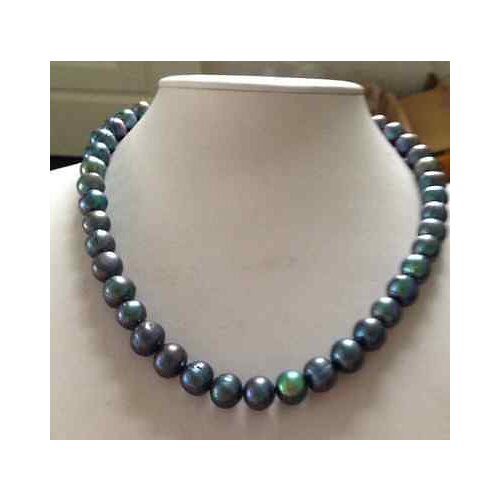 Stunning 9-10mm tahitian round black green multicolor pearl necklace 18inch Silver clasp