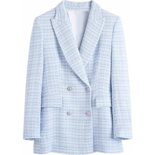 PUWD Casual Women V Neck Double Breasted Jacket 2021 Spring-autumn Fashion Ladies High Street Coat Female Plaid Texture Blazer