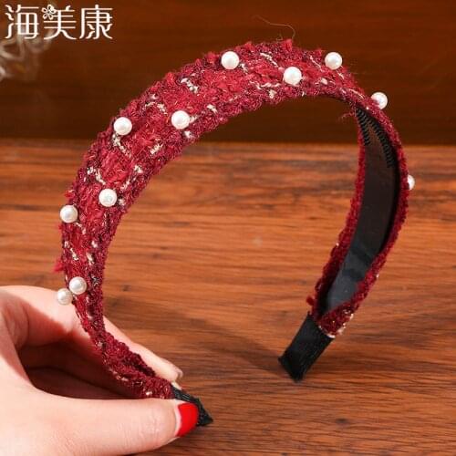 Haimeikang Pearls Hairband Fashion Headband For Women Woollen Tweed Fabric Hair Band Hoop Elastic Head Bands Hair Accessories