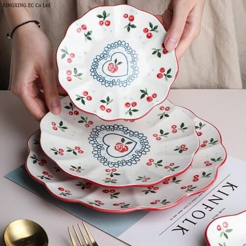 Hand-painted Cherry Ceramic Plate Household Tableware 10 Inch Creative Plate Steak Plate Cute Fruit Plate Small Plate Tableware