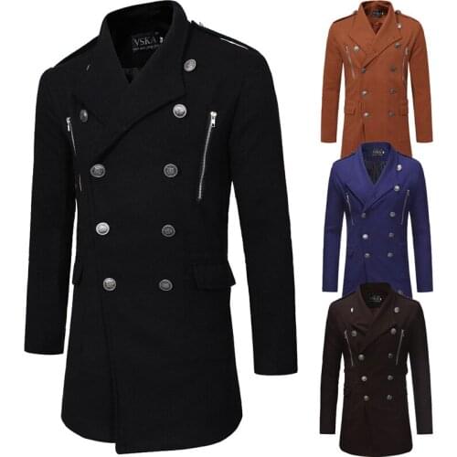 Mens Mid-Length Woolen Trench Coat Long Sleeve Turn Down Collar Double Breasted Cardigan Coat Casual Slim Type Tops