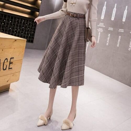New Retro Plaid medium length tweed skirt for women with high waist and thin in autumn and winter Including a belt