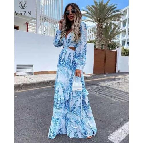 VAZN 2021 Top Quality Plus Size Indie Folk Chiffon Hollow Out Holiday Full Sleeve Women High Waist Braid A-line Maxi Dress