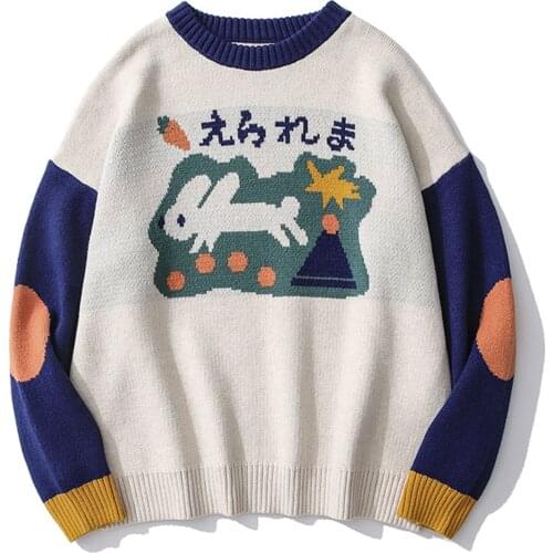 LACIBLE Block Rabbit Print Knitted Sweater O-neck Pullover Streetwear Sweater Hip Hop Streetwear Men Women Knit Jumper Unisex