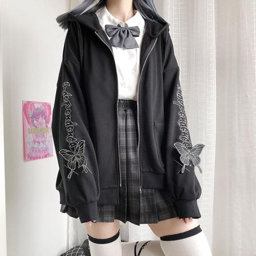 Japanese Gothic Dark Harajuku Hoodie Lolita Women Silver Butterfly Zipper Coat Autumn Winter Hooded Sweatshirt Black Loose Tops