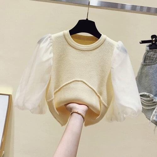 Summer Short Sleeve Fashion Splice Gauze Puff sleeve T-shirts Top knitting T Shirt Womens T-Shirt 2021 gothic woman tshirts