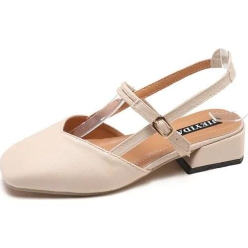 Women Mules Shoes Retro Elegant Square Toe Leather Pumps Buckle Strap Wedges Sandals Ladies Sexy Party Low Heels 2021 Summer