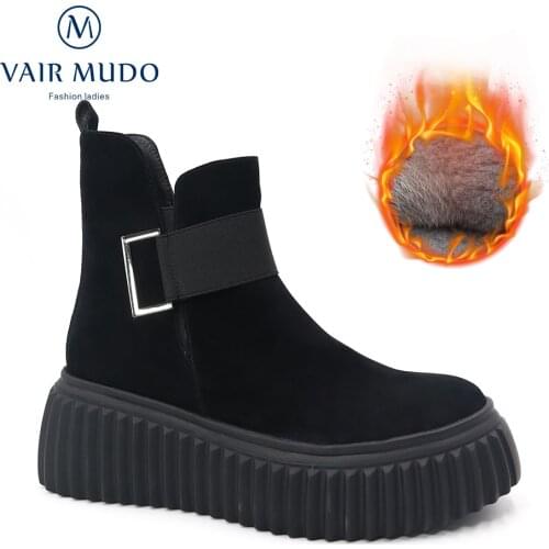AIR MUDO Women Ankle Motorcycle Boots Shoes Platform Kid Suede Autumn Winter Warm Short Plush And Wool Thick Bottom Boots DX82