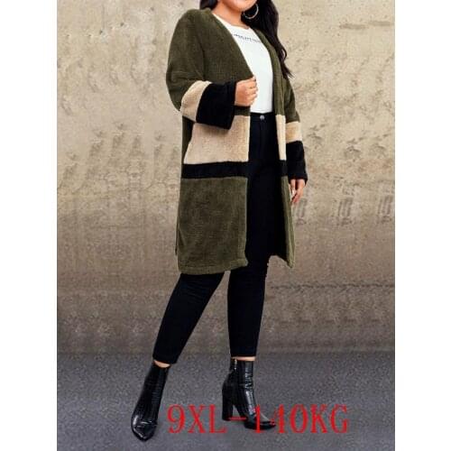 Autumn and winter plus size womens long coat 5XL-9XL bust 150CM plus size womens solid color plush stitching color long coat