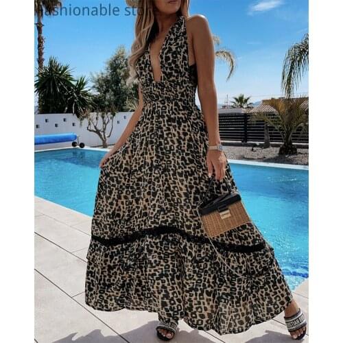 Women Deep V Neck Open Back Lace Leopard Print Fit and Flare Maxi Dress