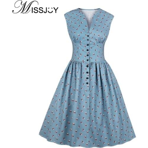 MISSJOY Women 2019 summer Vestido Vintage Floral print sleeveless Waist V-Neck Button Retro 50s Knee Length pin up Party dresses
