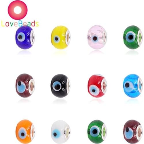 10 Pcs Color Evil Eye Beads Lampwork Glass Murano Big Hole Loose Spacer Beads Fit Pandora Charm Bracelet Chain Necklace Jewelry