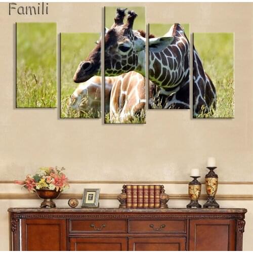 5 Panel Modern Picture Paintings Wall Pictures Oil Paintings Print on canvas Couple Giraffe Modular Pictures Home Decor Framless