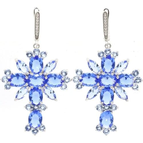 56x31mm Anniversar Long Cross Shape Created Violet Tanzanite CZ For Women Silver Earrings Wholesale Drop Shipping
