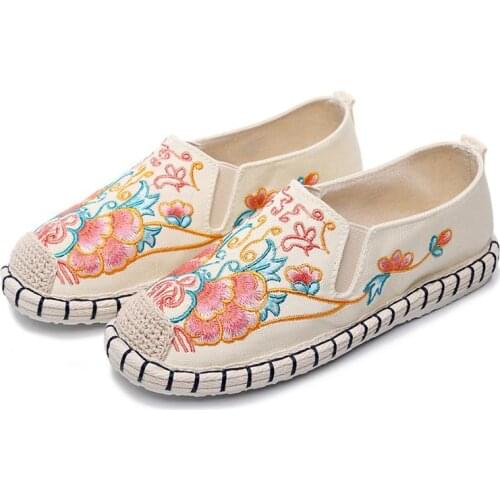 Retro Butterfly Embroidered Ladies Comfort Canvas Shoes Women Casual Slip On Flat Espadrilles Walking Loafers Navy Beige