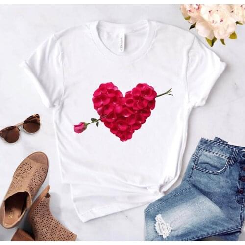 FIXSYS Heart Flower Print Ladies T-shirt Women Casual Basis O-collar White Shirt Short Sleeve Female T-shirt Love Graphic Print