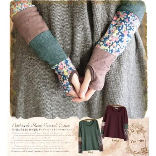 Harajuku Mori Girl Lolita Long-sleeve Cotton Shirt Floral Patchwork Women Loose Plus Size T-shirt Basic Novelty Tee-Shirts Mori