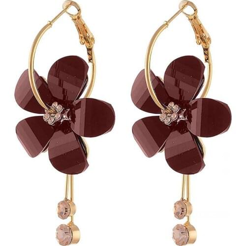 Korean Women Camellia Flower Long Tassel Rhinestone Party Leaverback Earrings Jewelry