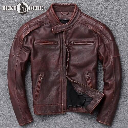 100% Cowhide Moto Biker Jacket Men Windproof Stand Collar Slim Fit Vintage Genuine Leather Jacket Male Short Riding Outwear Coat