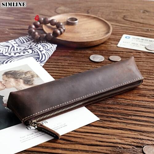Genuine Leather Pen Bag Men Male Vintage Long Zipper Coin Purse Pencil Case Holder Glasses Storage Bags Student School Supplies