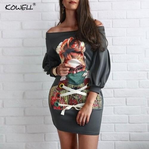 2018 New Style Women Sexy Dress Female Cartoon Head Silk Ribbon Long Lantern Sleeve Dresses Vestidos