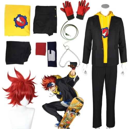 2021 New Anime SK8 the Infinity Reki Kyan Cosplay Costume Yellow Hoodie Sweatshirt Jacket SK Eight Red Wigs Skateboard Outfits