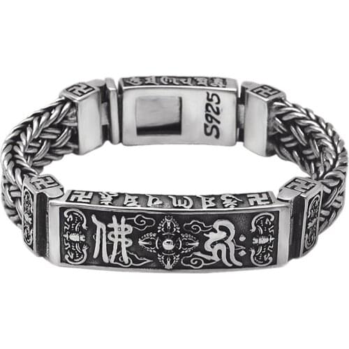 BOCAI New real solid S925 silver jewelry personality six-character mantra vajra Buddhist good luck woven Man bracelet