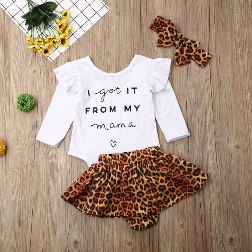 3PCS Toddler Baby Girl Clothes Long Sleeve Letter Romper Tops + Leopard Skirt + Headband Autumn Spring Outfits Set