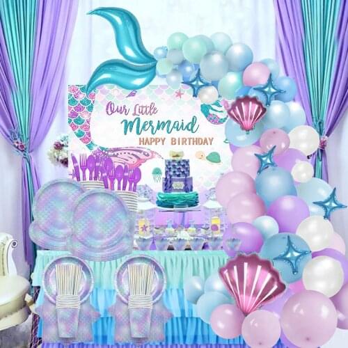 Mermaid Disposable Plates Cups Balloons Ocean Under the Sea Party Paper Dessert Plates for Baby Shower Birthday Party Supplies