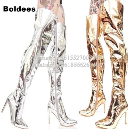 Fashion Bring Patent Mirror Leather Thigh High Boots Women Pointed Toe Silvery Gold Color Winter Long Boots