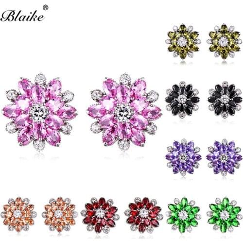 Blaike 100% Real 925 Sterling Silver Multicolor Zircon Snowflake Stud Earrings for Women Purple/Red/Pink Birthstone Lady Earring