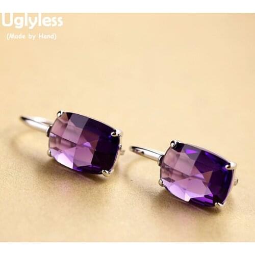 Uglyless Square Purple Crystals Earrings Women Fashion Simple Geometric Earrings Real 925 Sterling Silver Brincos Bijoux E1495
