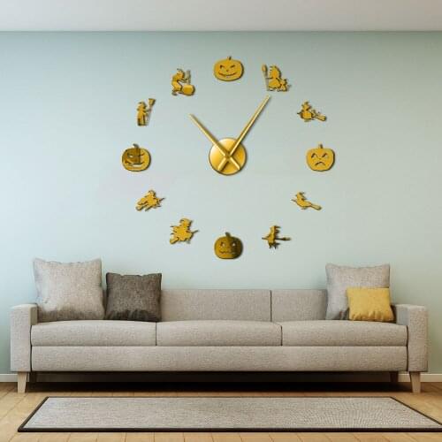 Witch with Broomstick Silhouette Giant DIY Wall Clock Halloween Wall Art Decor Gift Fairy Tale And Pumpkins Mirror Effect Watch