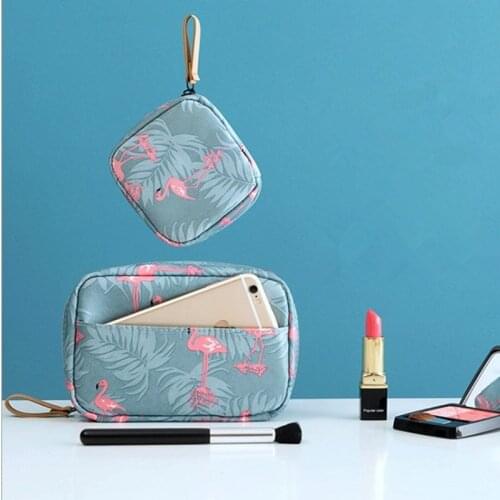 Women Fashion Cosmetic Bag Organizer Waterproof Portable Makeup Bag Mini Solid Color Flamingo Travel Toiletry Storage Bag Beauty