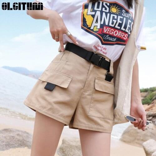 Womens Shorts 2020 Summer Fashion New Casual Clothes High Waist Wide Leg Cargo Vintage Sashes Solid Pocket Women Shorts PT204