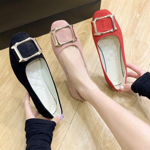 Big size womens shoes 2021 new square head metal square buckle beanie shoes for women Casual korean style Flats female A074