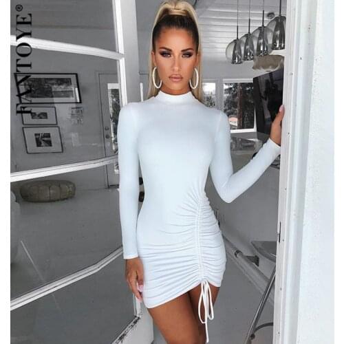 FANTOYE 2019 Autumn Turtleneck Dress Long Sleeve Ruched Fold Drawstring Warm Bodycon Dress Elegant Party Women Dresses Vestidos