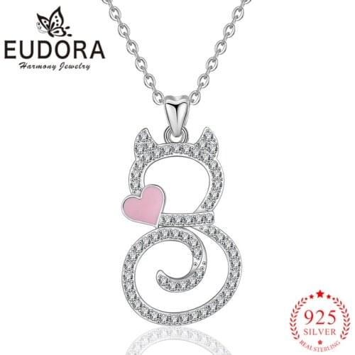 Eudora 925 Sterling Silver Cute Cat Pendant Necklaces for Women Girls Gift Clear Zircon Heart Fashion Sterling-silver Jewelry