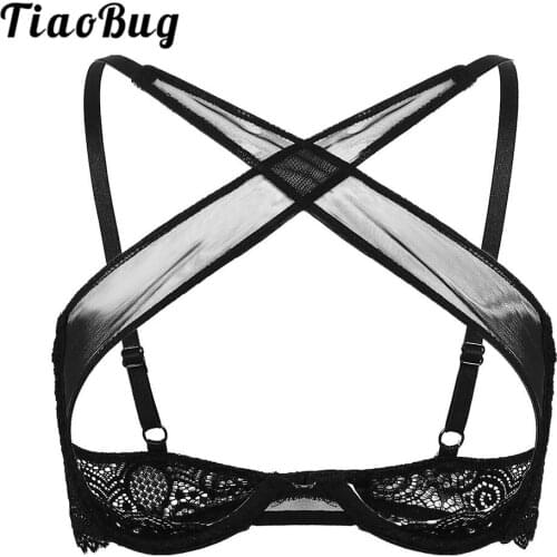 TiaoBug Women See Through Mesh Lace Sheer Lingerie Adjustable Straps Open Cup Underwired Push up Bra Top Female Erotic Underwear