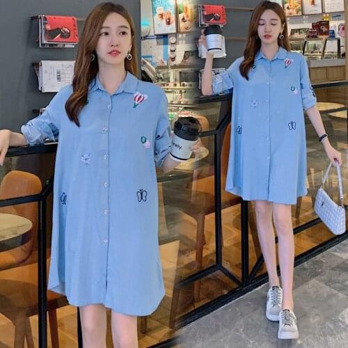 0823# Maternity Clothes Spring Autumn Cotton Striped Shirt Dress