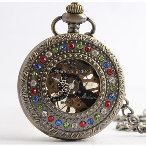 10pcs/lot Vintage Hot Sell Mechanical Hand Wind Pocket Watch with Colourful Stone Factory Price Antique Pocket Watches