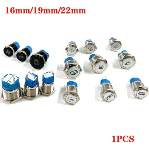 16/19/22mm Metal Push Button Switch LED Light DIY Logo Symbol Icon Signal Customization Waterproof Chromed Oxide Black for Car